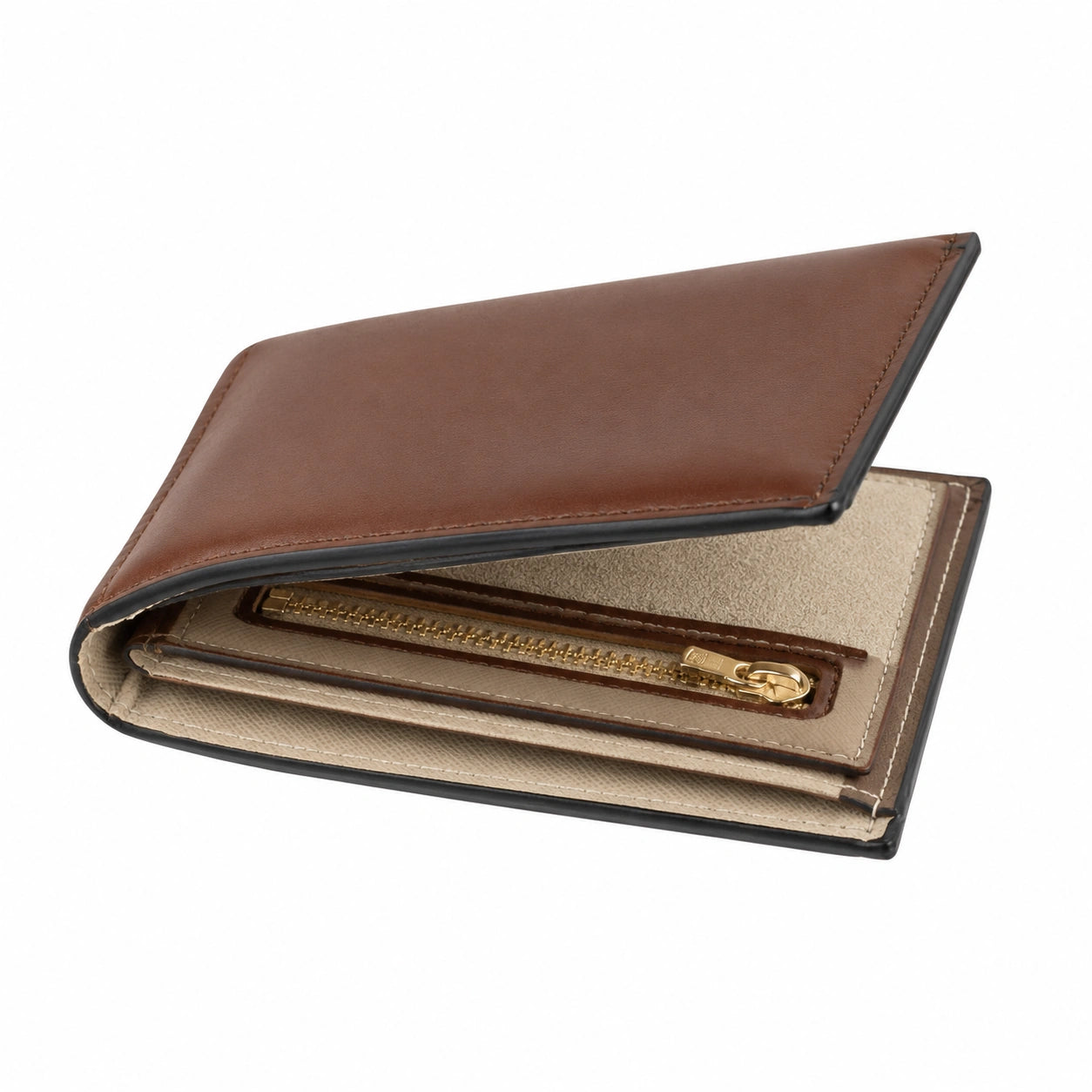 Portefeuille pliant 11 x 9.5 x 2 cm en similicuir marron beige avec poche zippée