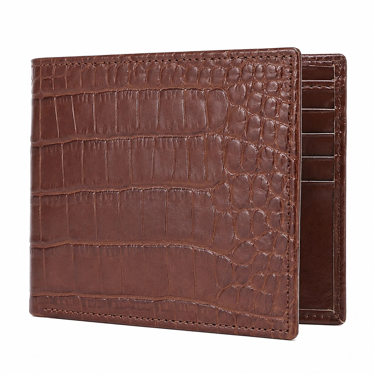 Portefeuille pliant 11 x 9 x 1 cm aspect cuir marron à motif crocodile pour homme