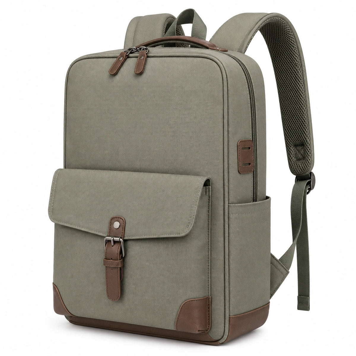 Sac à dos 30 x 15 x 42 cm en tissu vert kaki avec finitions marron pour ordinateur