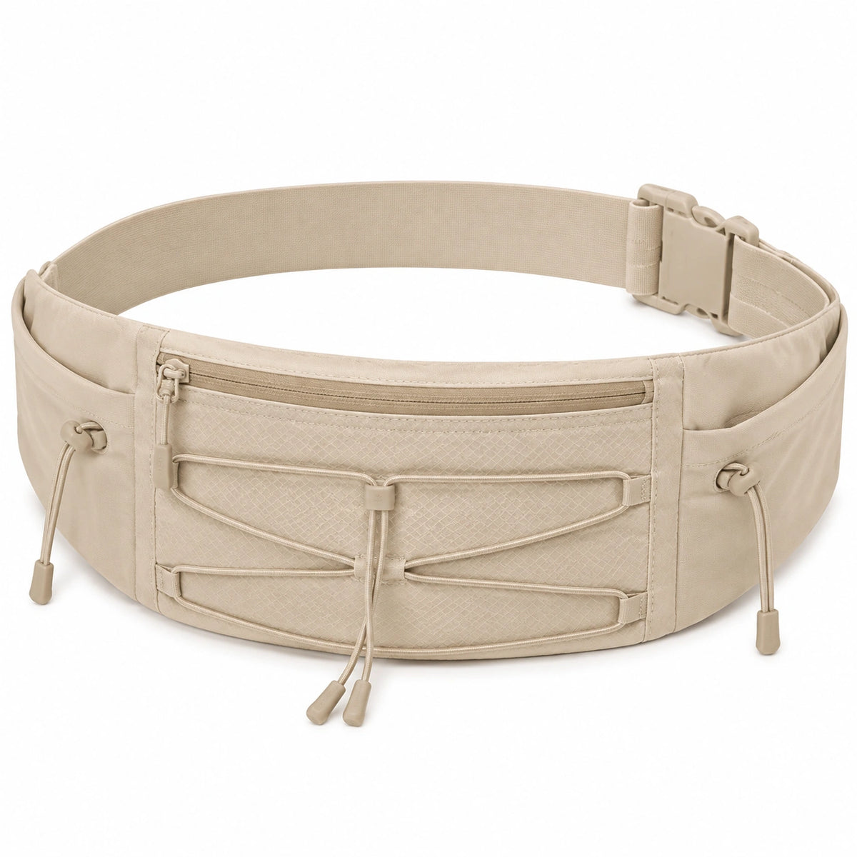 Sac banane taille réglable en textile beige avec poche zippée et rangement frontal