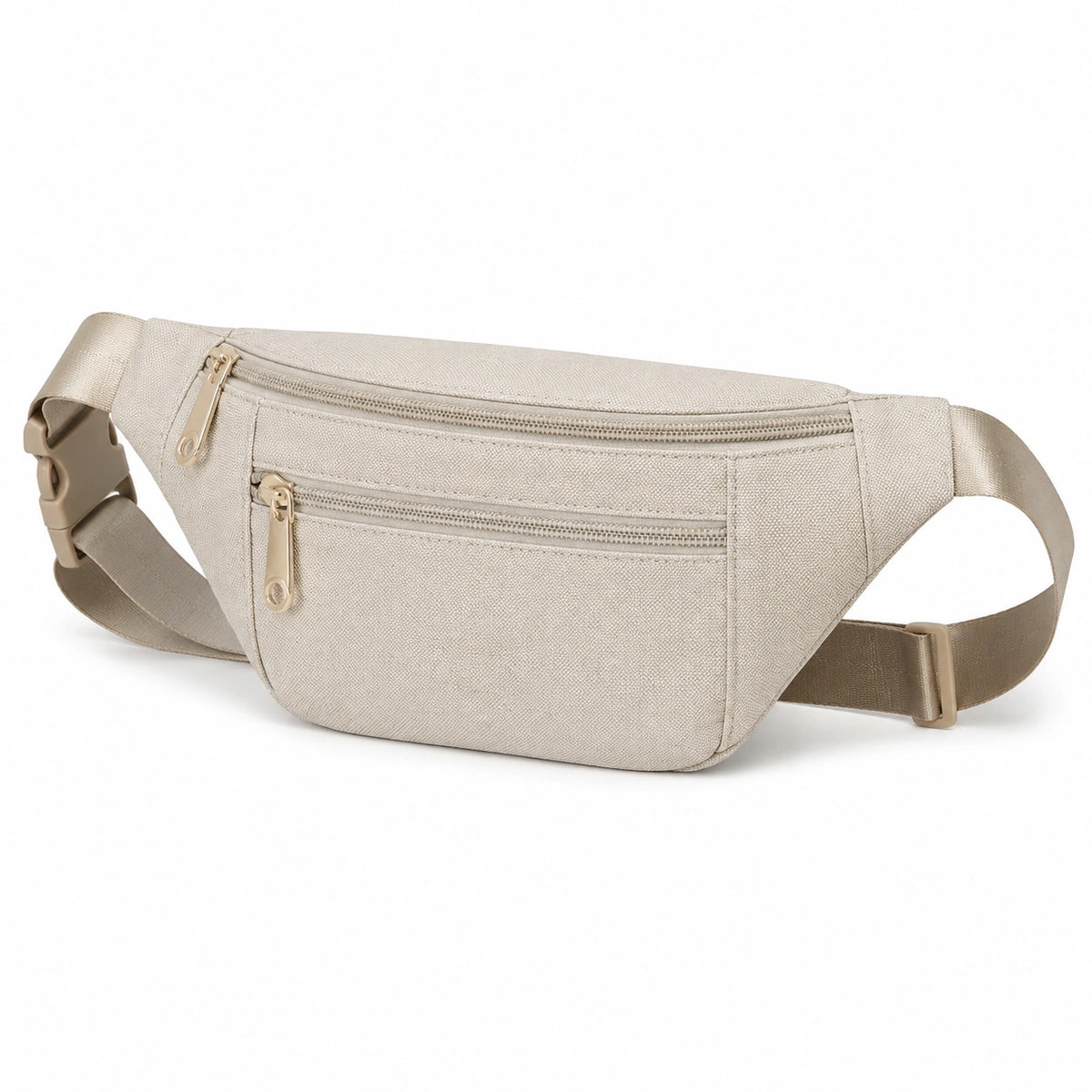 Sac banane 30 x 6 x 15 cm en tissu beige à poches zippées réglable