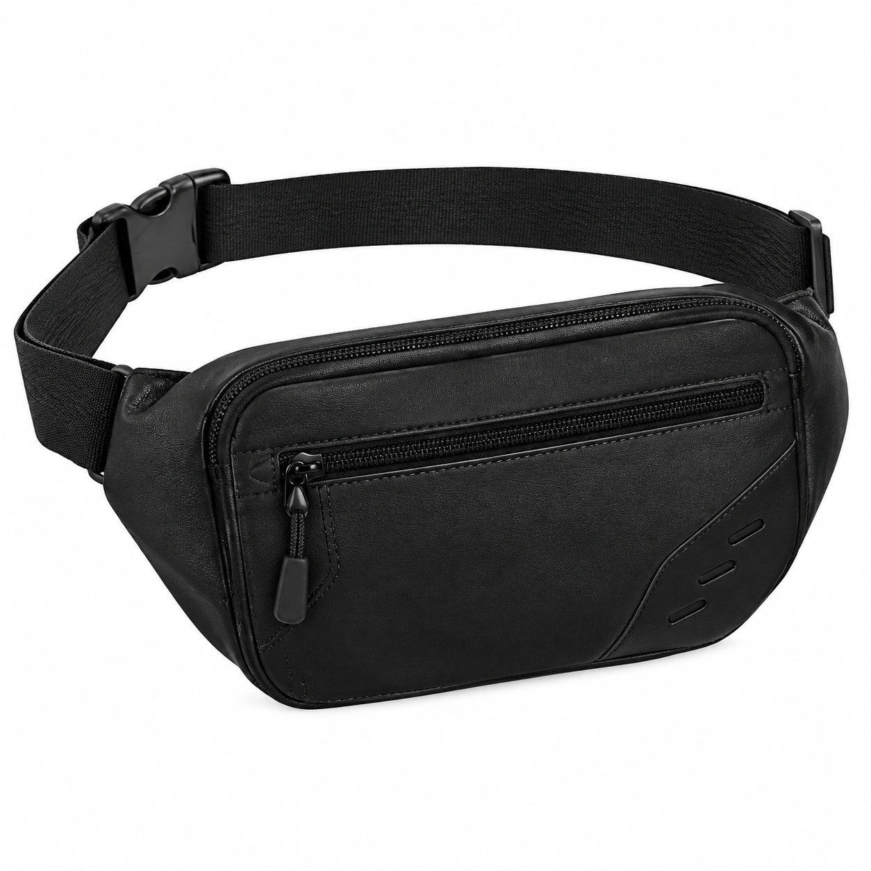 Sac banane 26 x 15 x 6 cm en similicuir noir - sangle réglable et poches zippées
