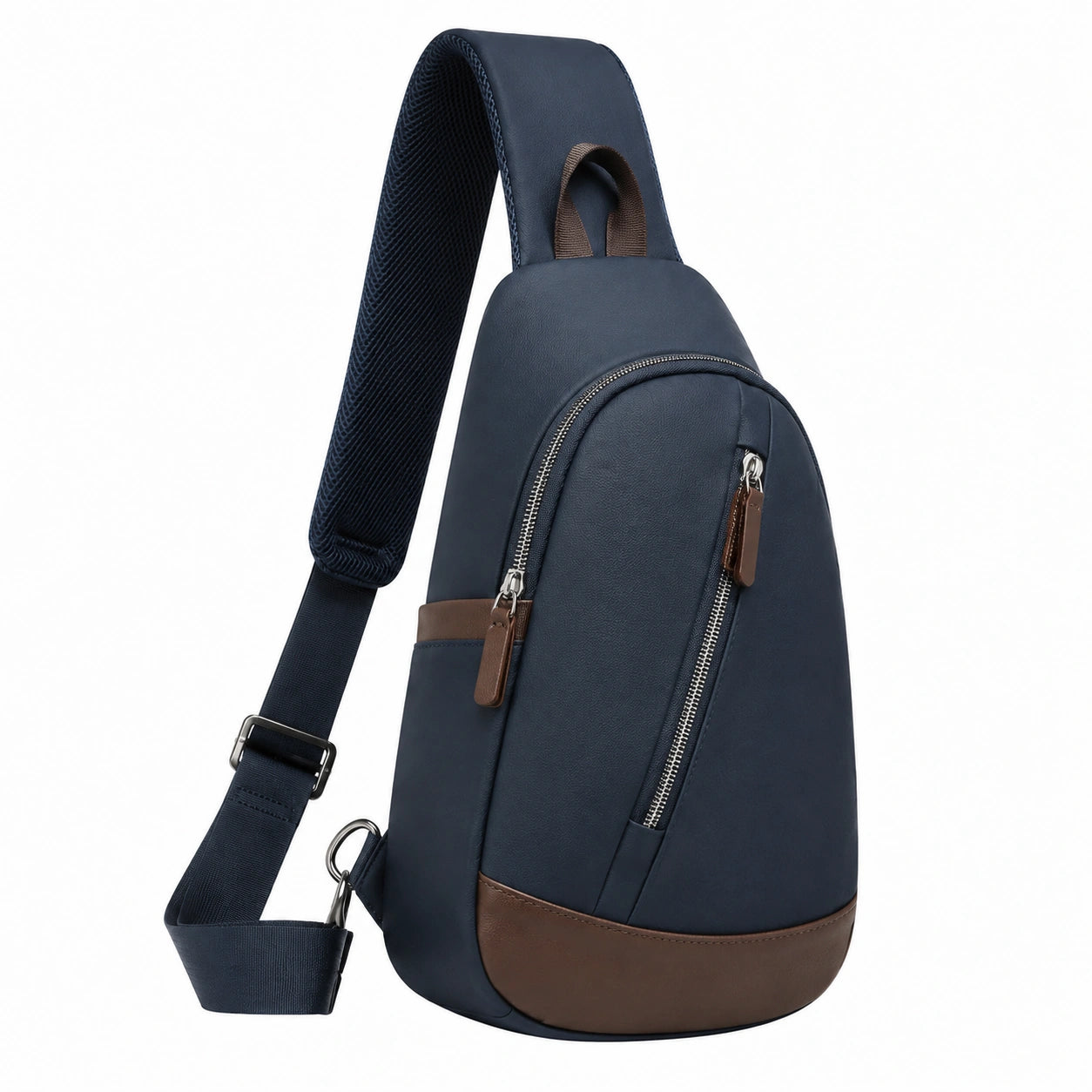 Sac à bandoulière 32 cm en similicuir bleu marine et marron à compartiments zippés