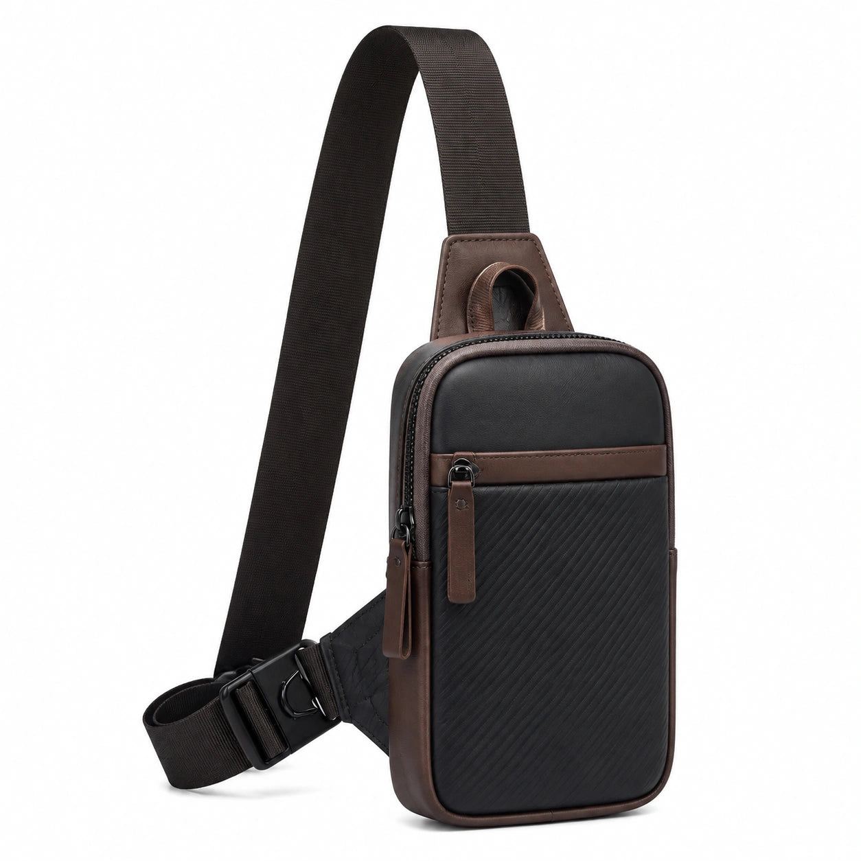 Sac bandoulière 18 x 7 x 32 cm en similicuir noir marron à fermeture zippée