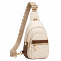 Sac à dos bandoulière 18 x 8 x 30 cm en similicuir beige marron à poches style chevrons