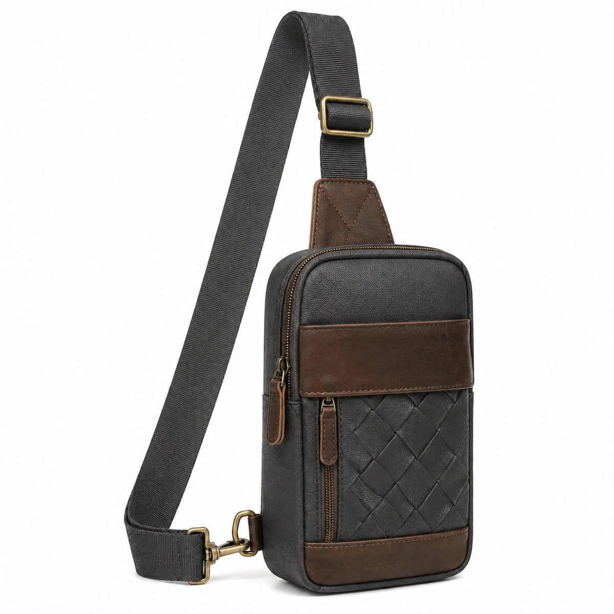 Sac bandoulière compact 18 x 10 x 5 cm en matière synthétique noir marron à poches zippées