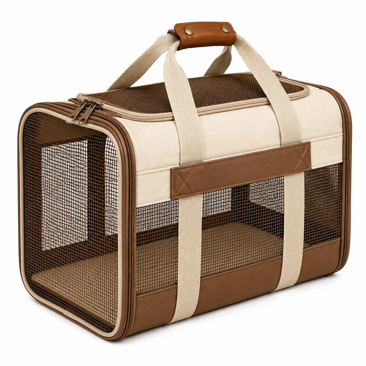 Sac de transport pour animaux 45 x 28 x 30 cm en tissu et maille beige marron - fermeture zippée et ventilé