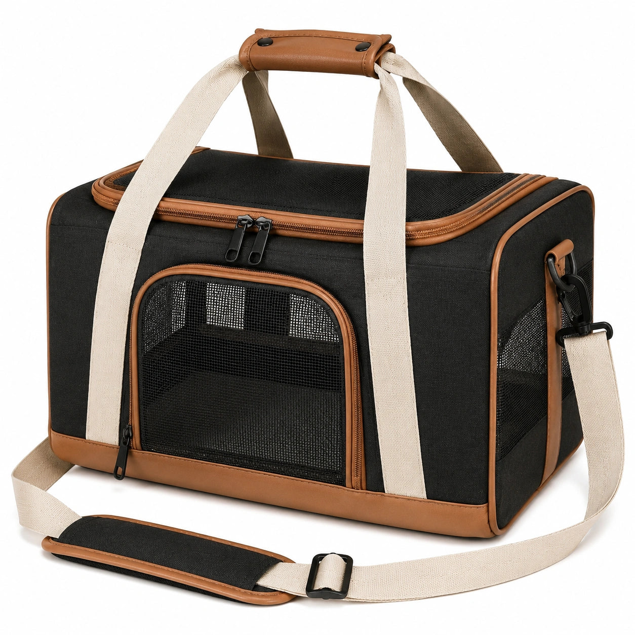 Sac de transport pour animaux 45 x 28 x 28 cm textile noir et marron avec bandoulière réglable