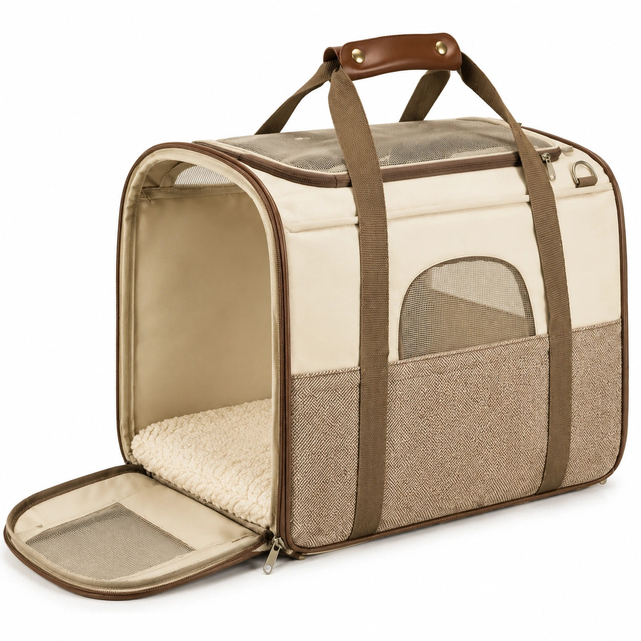 Sac de transport pour animaux 45 x 28 x 30 cm en polyester beige et marron avec maille respirante