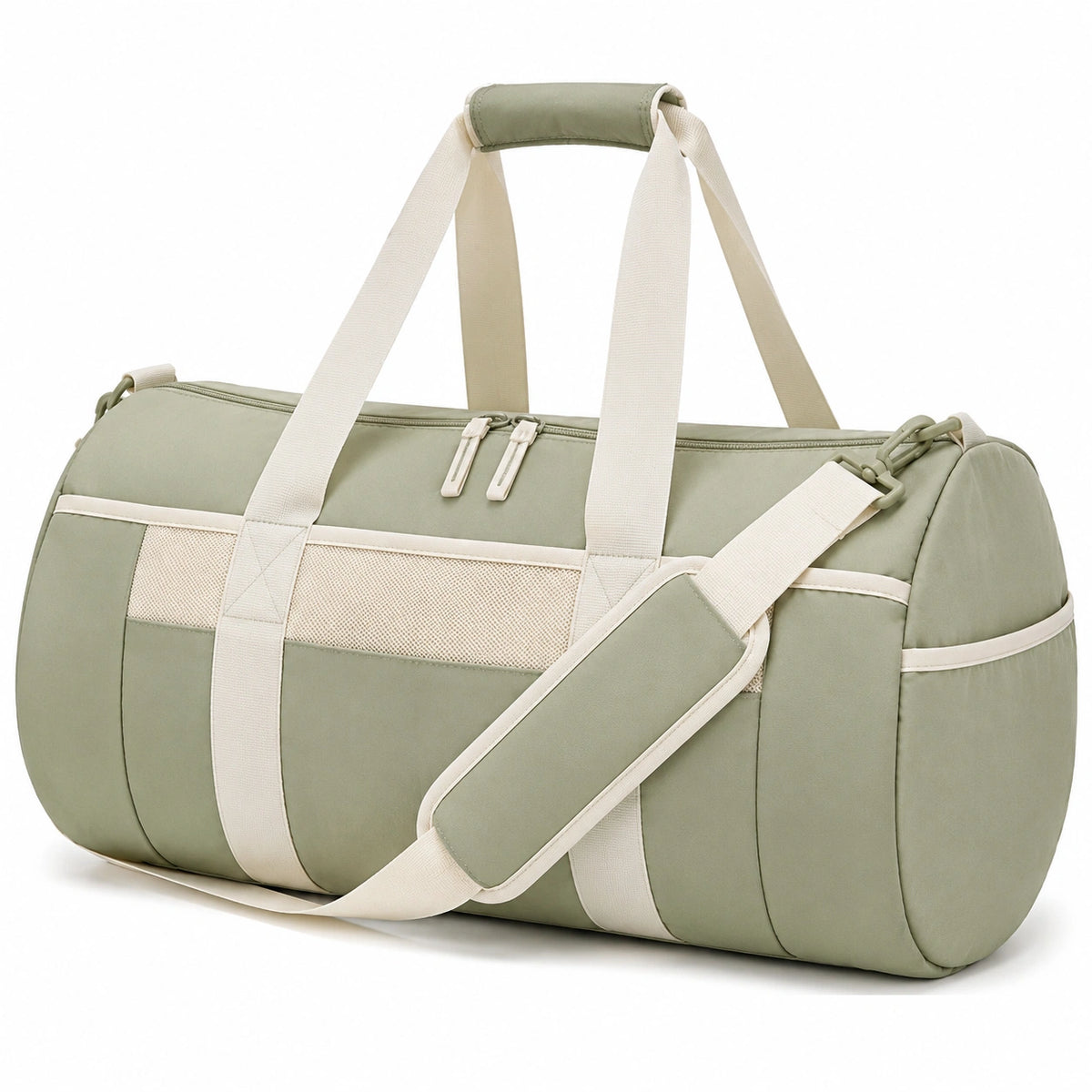 Sac de sport 48 x 25 x 25 cm en polyester vert sauge avec bandoulière style duffel