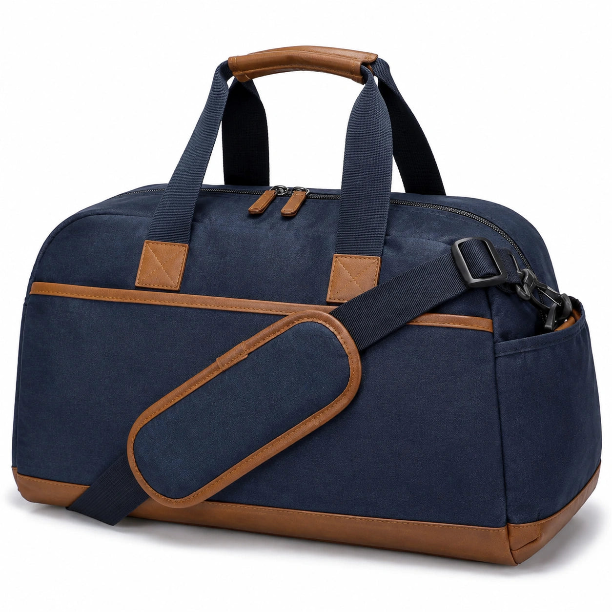 Sac de voyage 50 cm en polyester bleu marine et similicuir marron avec bandoulière