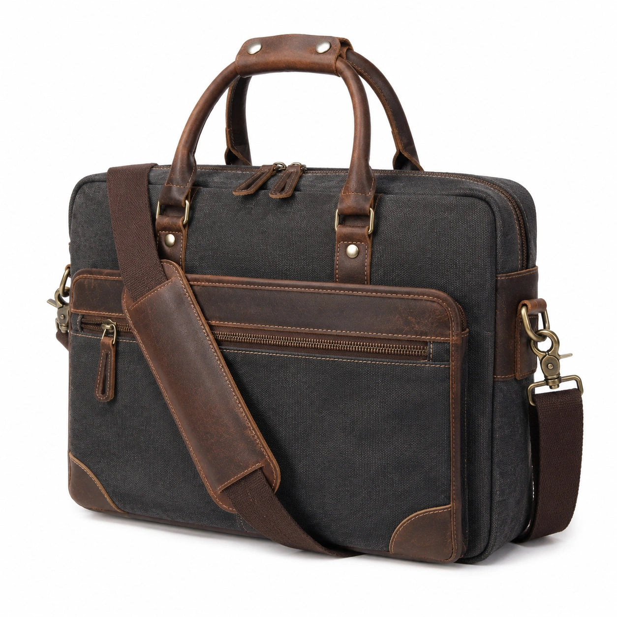 Sacoche ordinateur portable 40 x 30 x 10 cm en toile noir et marron style vintage avec bandoulière