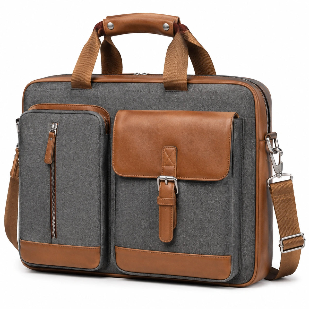Sacoche ordinateur portable 42 x 10 x 32 cm textile gris et similicuir marron avec bandoulière