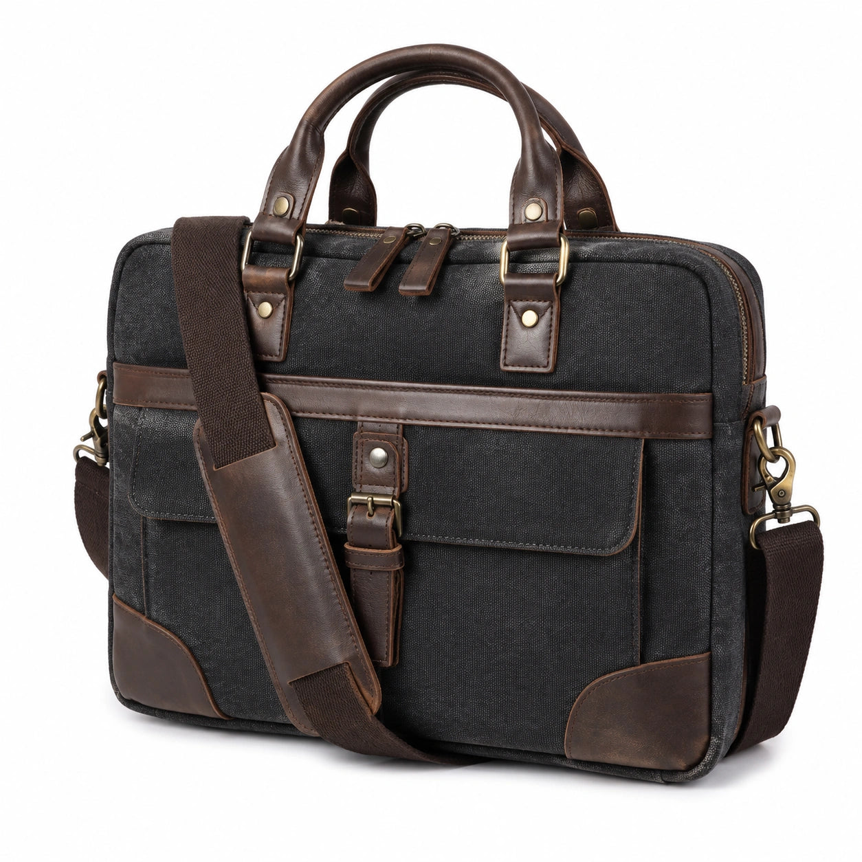 Sac ordinateur 42 x 10 x 32 cm en toile noire et similicuir marron style vintage