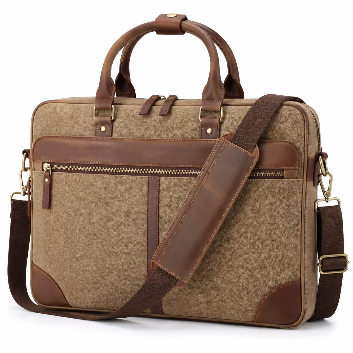 Sacoche ordinateur 40 cm en toile beige et similicuir marron avec bandoulière réglable