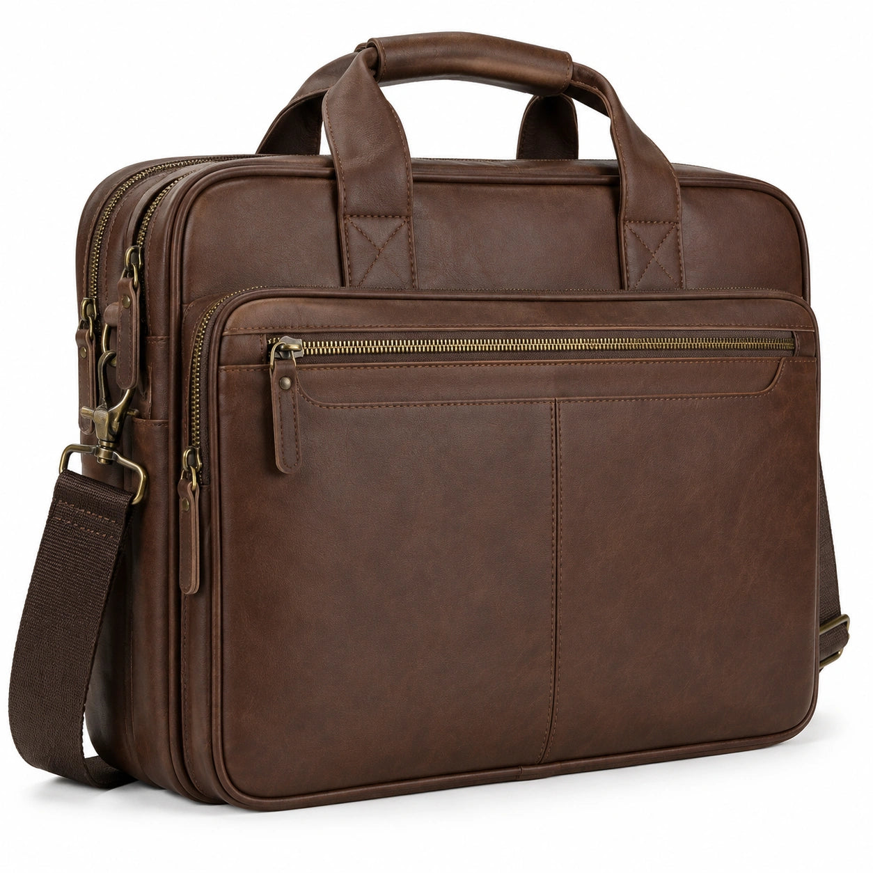 Sacoche ordinateur 42 x 30 x 12 cm marron aspect cuir avec bandoulière et poches zippées